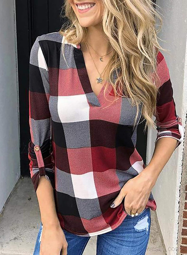 Női lenvászon, kockás, hosszú ujjú, V-nyakú flanelblúz