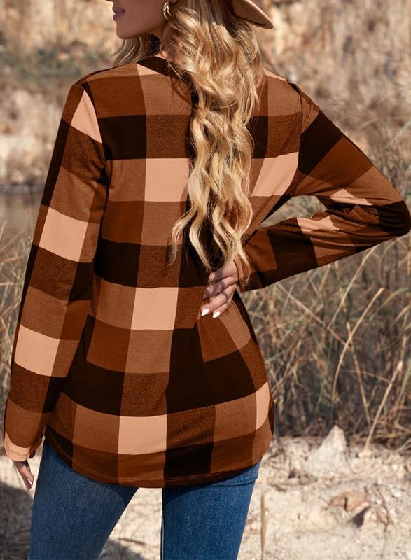 Női lenvászon, kockás, hosszú ujjú, V-nyakú flanelblúz