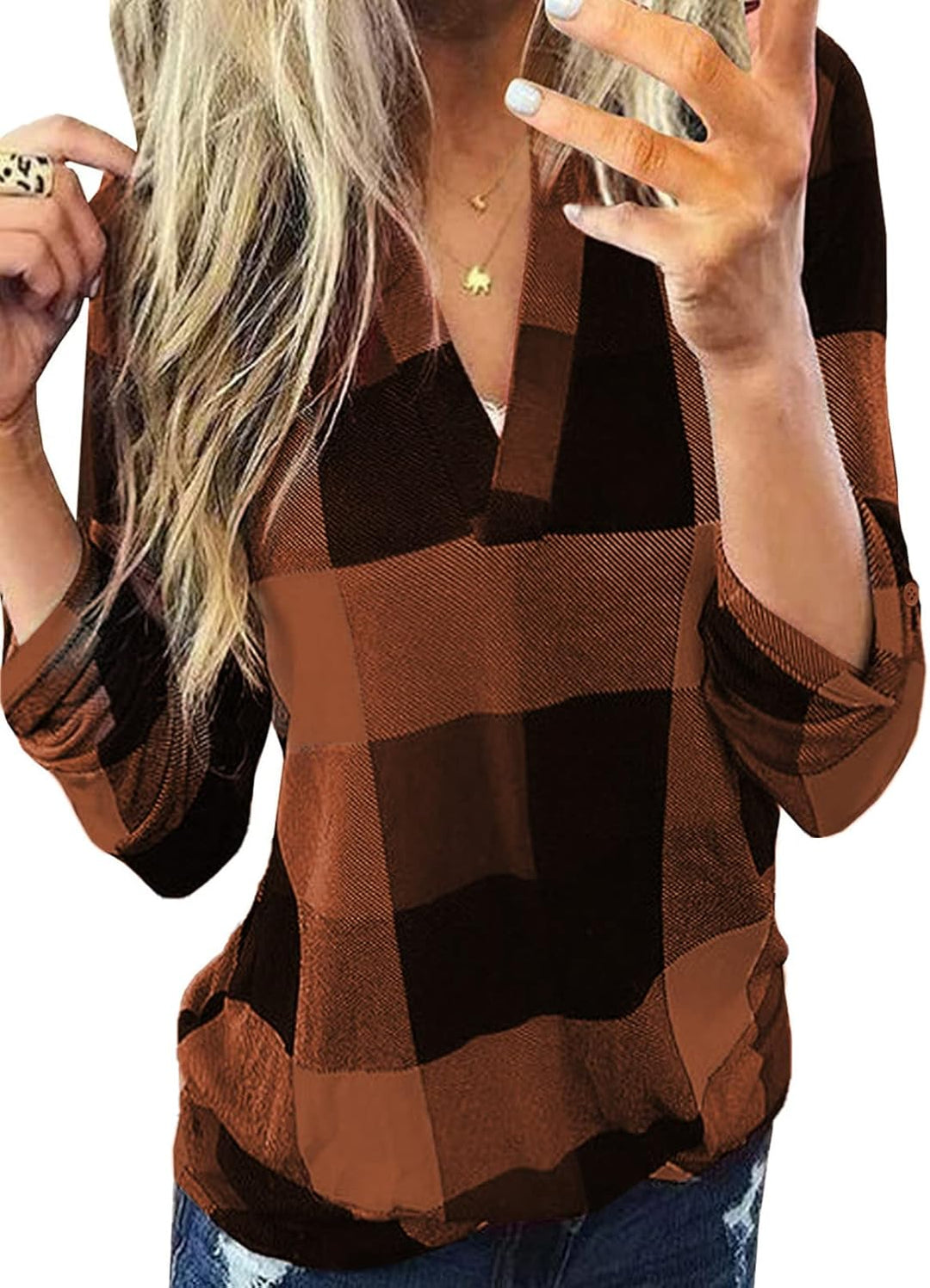 Női lenvászon, kockás, hosszú ujjú, V-nyakú flanelblúz
