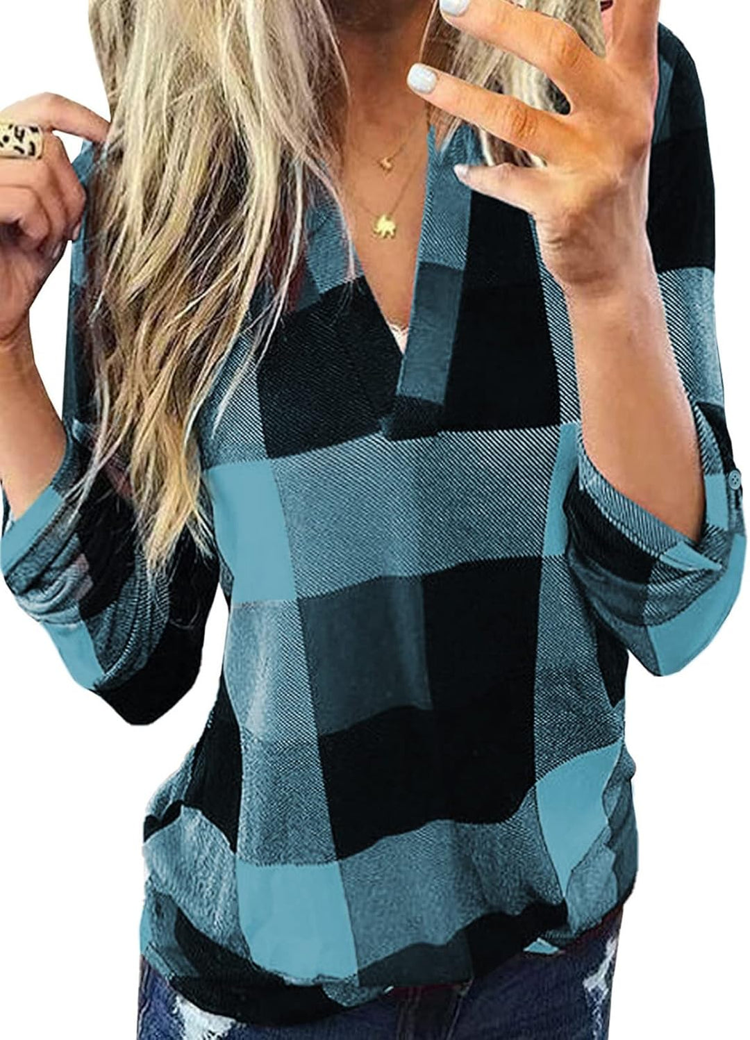Női lenvászon, kockás, hosszú ujjú, V-nyakú flanelblúz