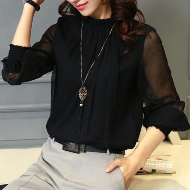 Women's Chiffon Blouse Long Sleeve Sheer Mesh Elegant Top Shirt