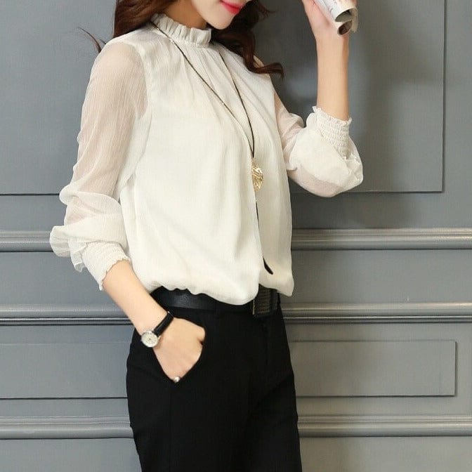 Women's Chiffon Blouse Long Sleeve Sheer Mesh Elegant Top Shirt