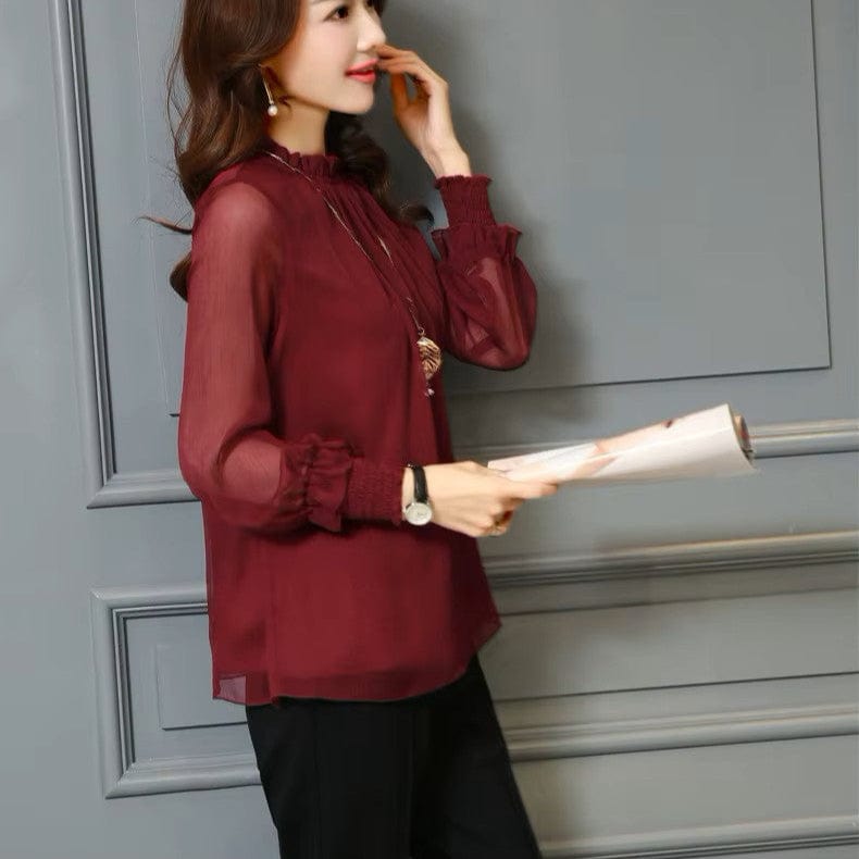 Women's Chiffon Blouse Long Sleeve Sheer Mesh Elegant Top Shirt