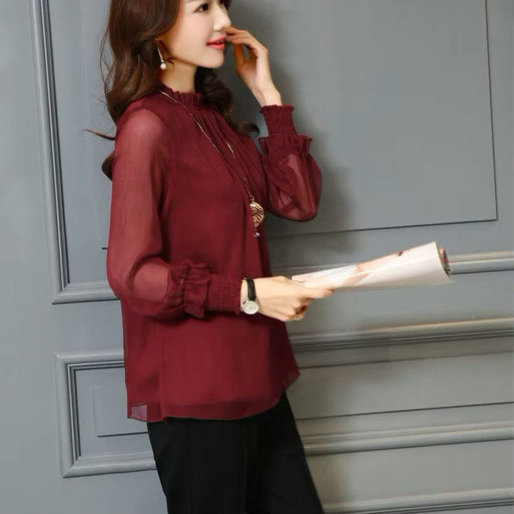 Women's Chiffon Blouse Long Sleeve Sheer Mesh Elegant Top Shirt