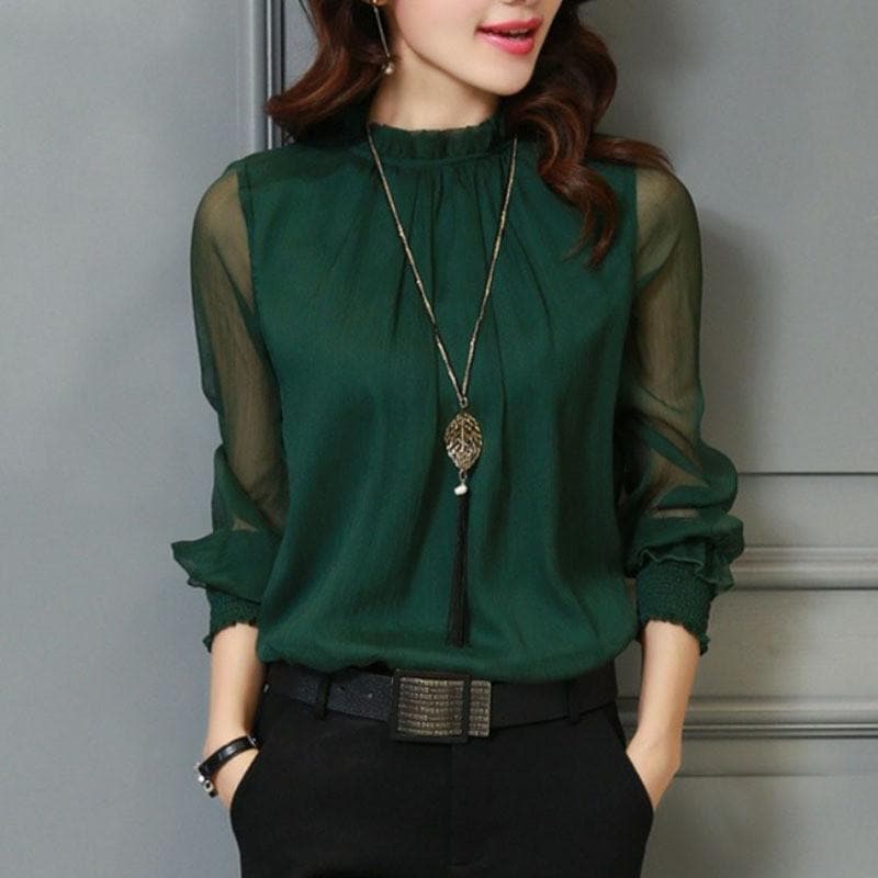 Women's Chiffon Blouse Long Sleeve Sheer Mesh Elegant Top Shirt