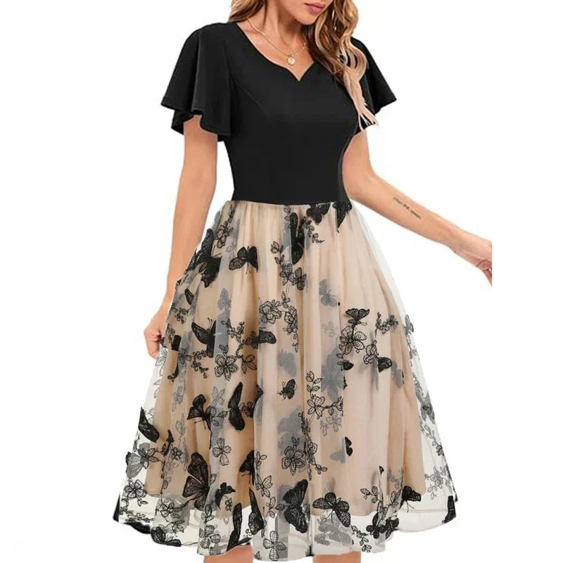 Women's Chiffon Mesh Butterfly Embroidered A-Line Dress