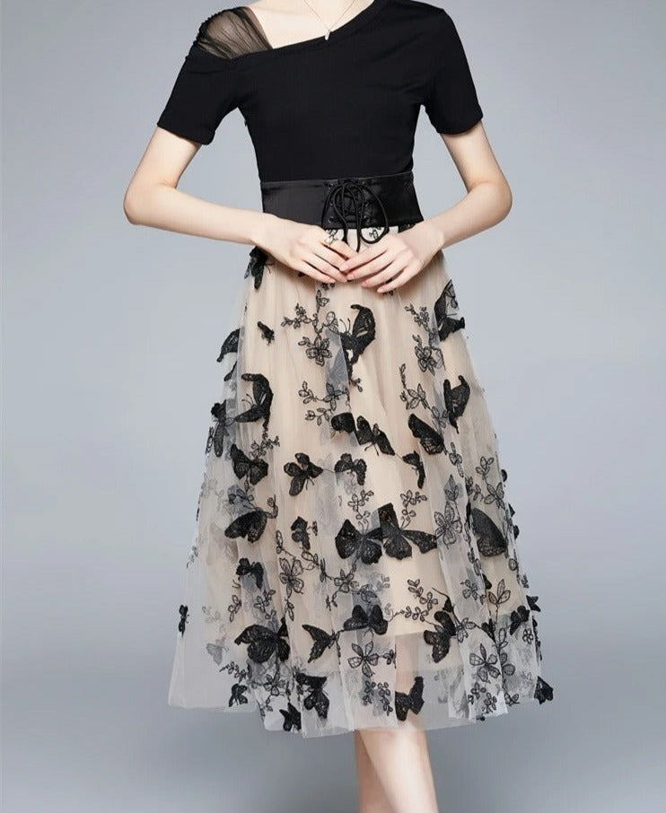 Women's Chiffon Mesh Butterfly Embroidered A-Line Dress