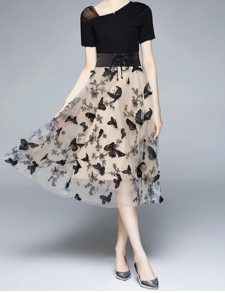 Women's Chiffon Mesh Butterfly Embroidered A-Line Dress