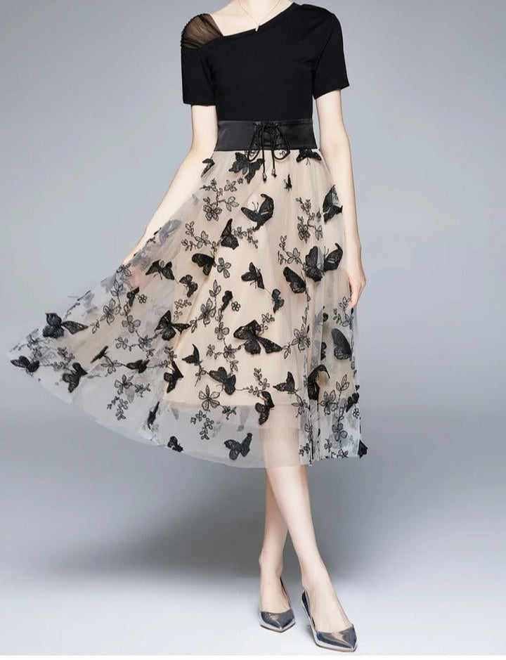 Women's Chiffon Mesh Butterfly Embroidered A-Line Dress