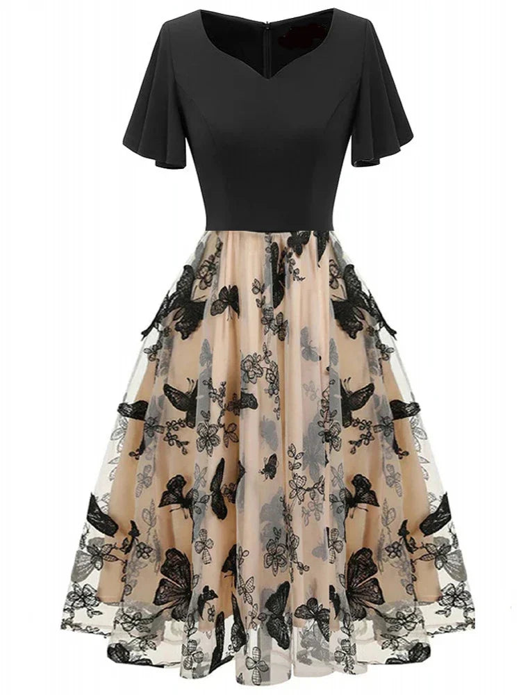 Women's Chiffon Mesh Butterfly Embroidered A-Line Dress