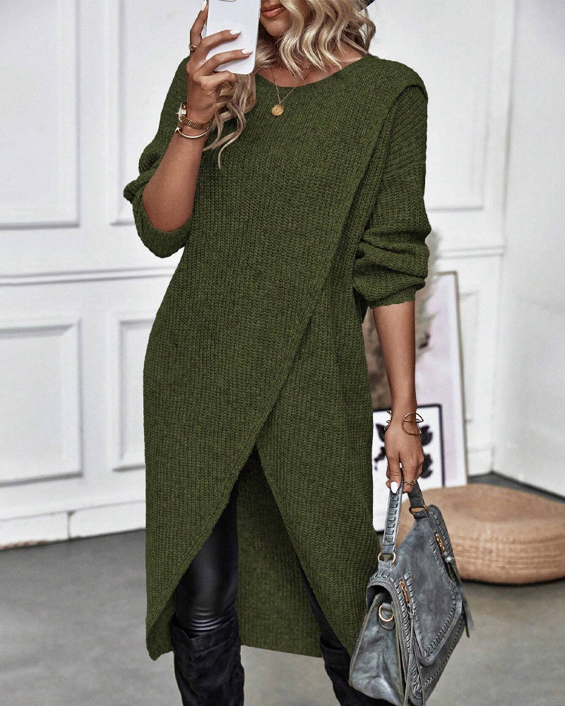 Robe-pull longue en maille de laine pour femme, style cache-cœur