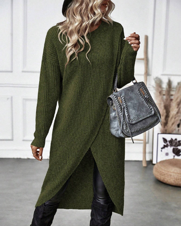 Robe-pull longue en maille de laine pour femme, style cache-cœur