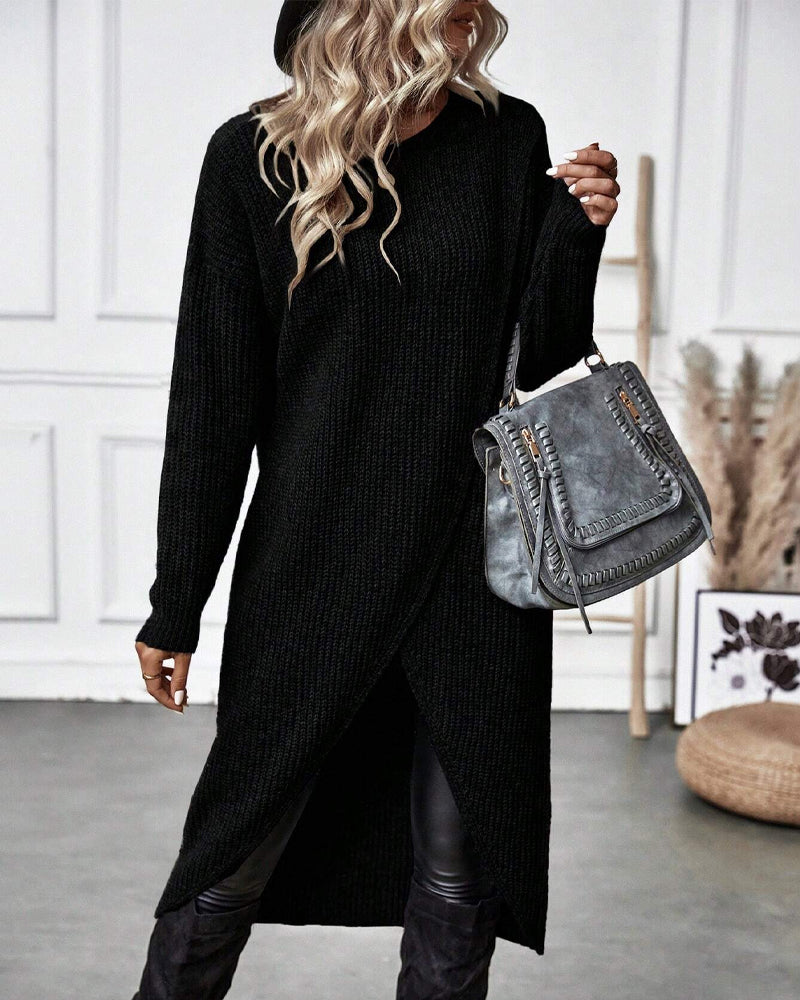 Robe-pull longue en maille de laine pour femme, style cache-cœur