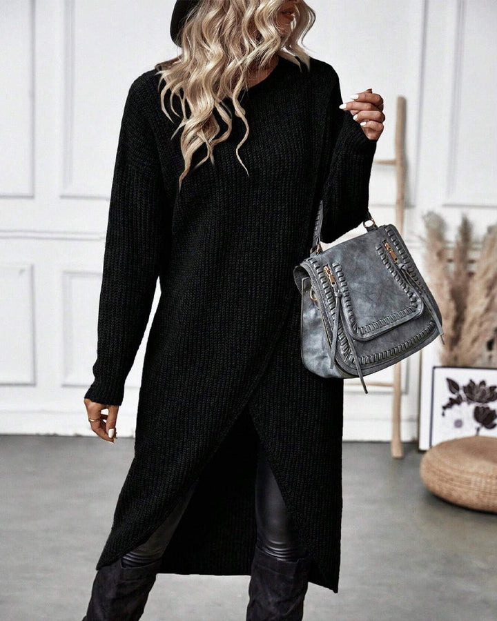 Robe-pull longue en maille de laine pour femme, style cache-cœur