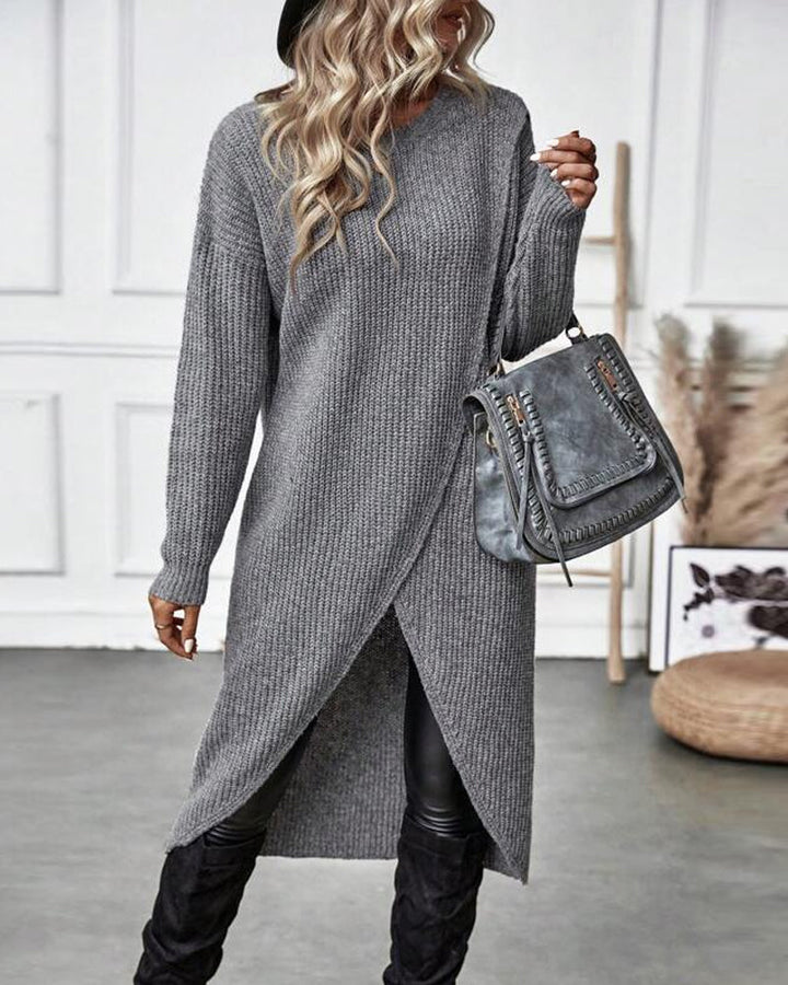 Robe-pull longue en maille de laine pour femme, style cache-cœur