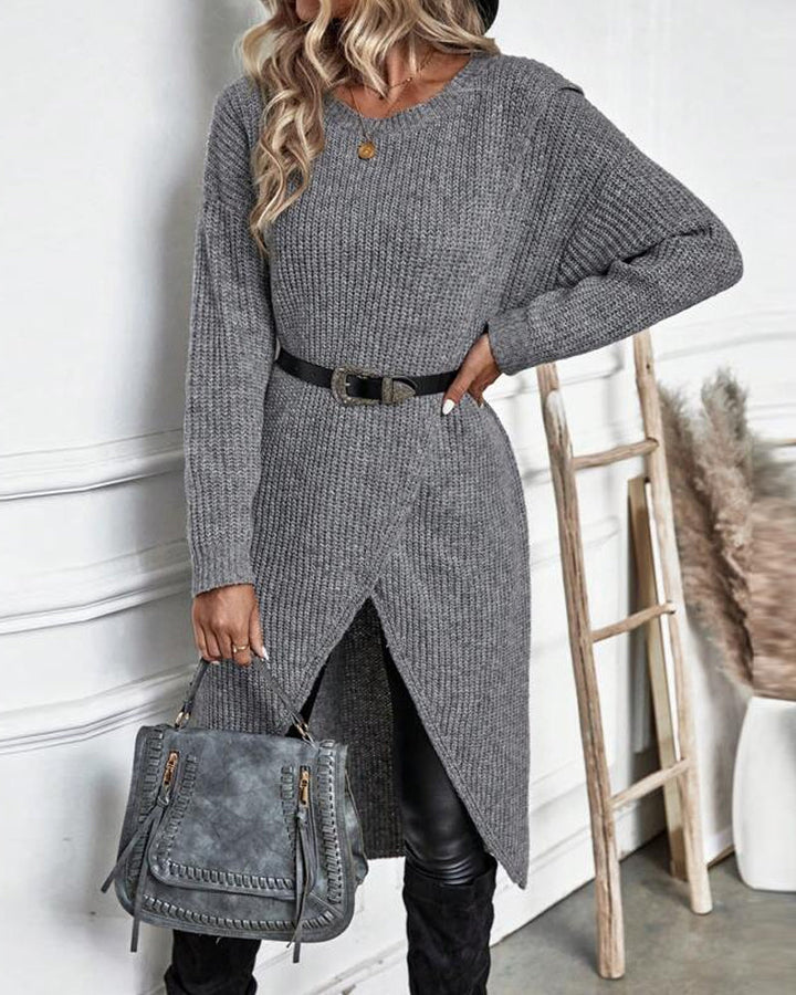 Robe-pull longue en maille de laine pour femme, style cache-cœur