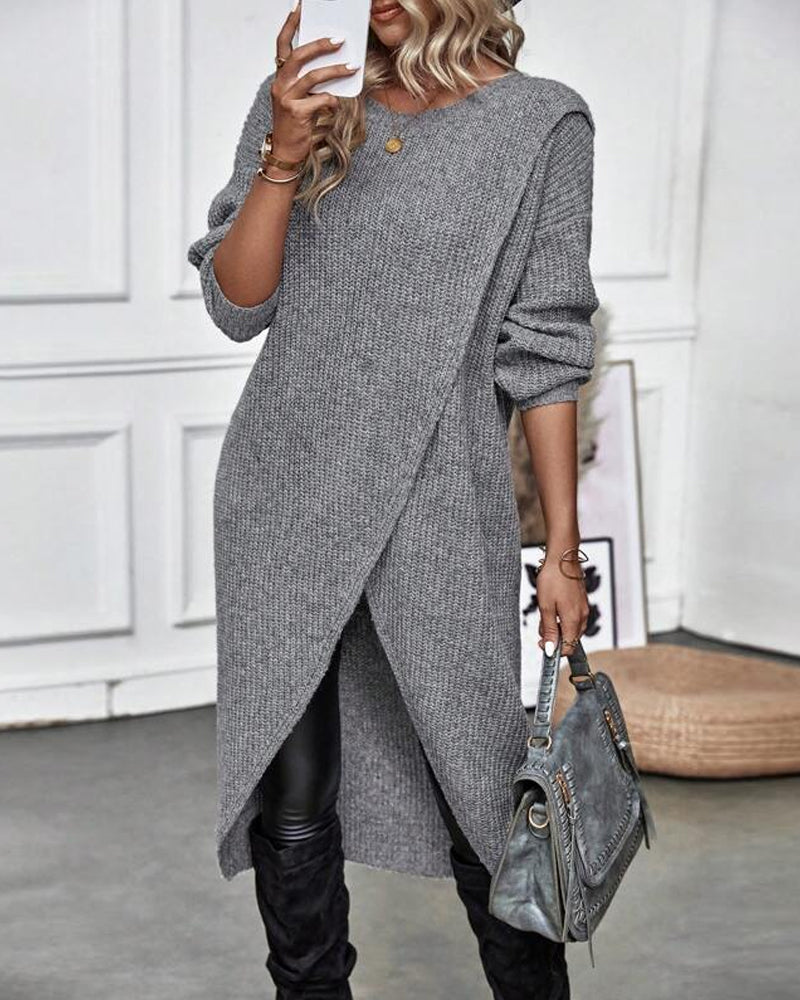 Robe-pull longue en maille de laine pour femme, style cache-cœur