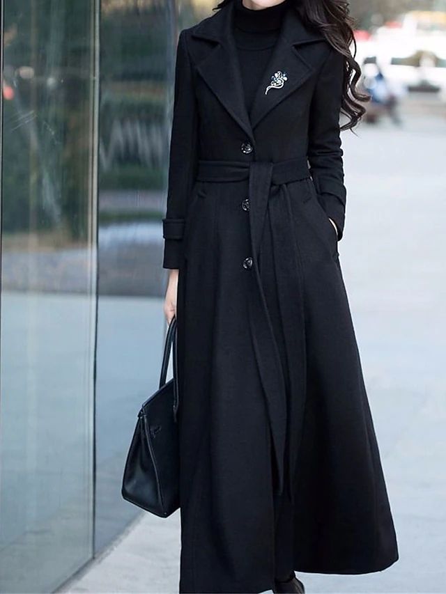 Γυναικείο μάλλινο μακρύ παλτό καμπαρντίνα σε στενή γραμμή, με διπλή σειρά κουμπιών
