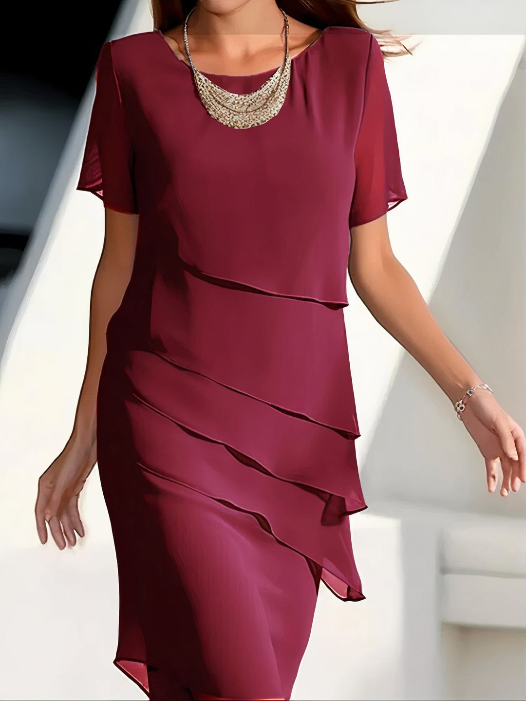 Women's Chiffon Layered Midi Shift Dress