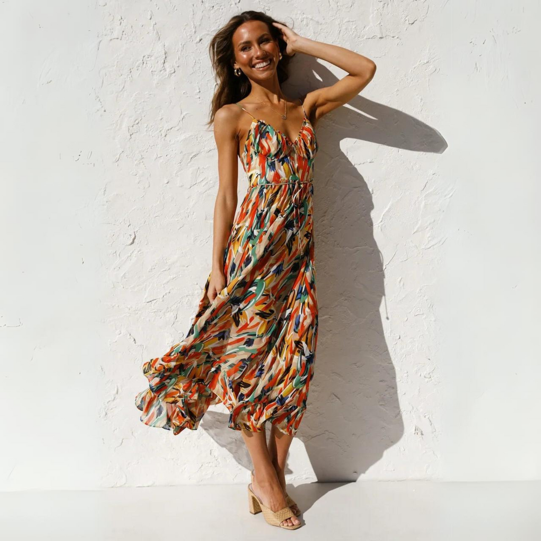 Women's Floral Linen Midi Dress Strappy Backless A-Line Sundress