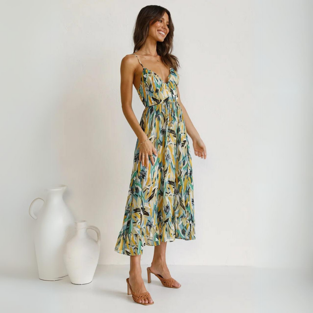 Women's Floral Linen Midi Dress Strappy Backless A-Line Sundress
