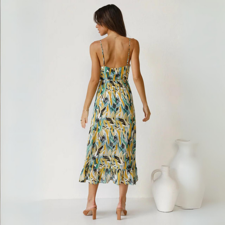 Women's Floral Linen Midi Dress Strappy Backless A-Line Sundress