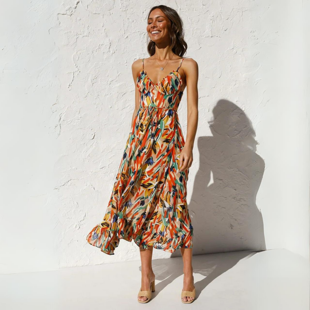 Women's Floral Linen Midi Dress Strappy Backless A-Line Sundress