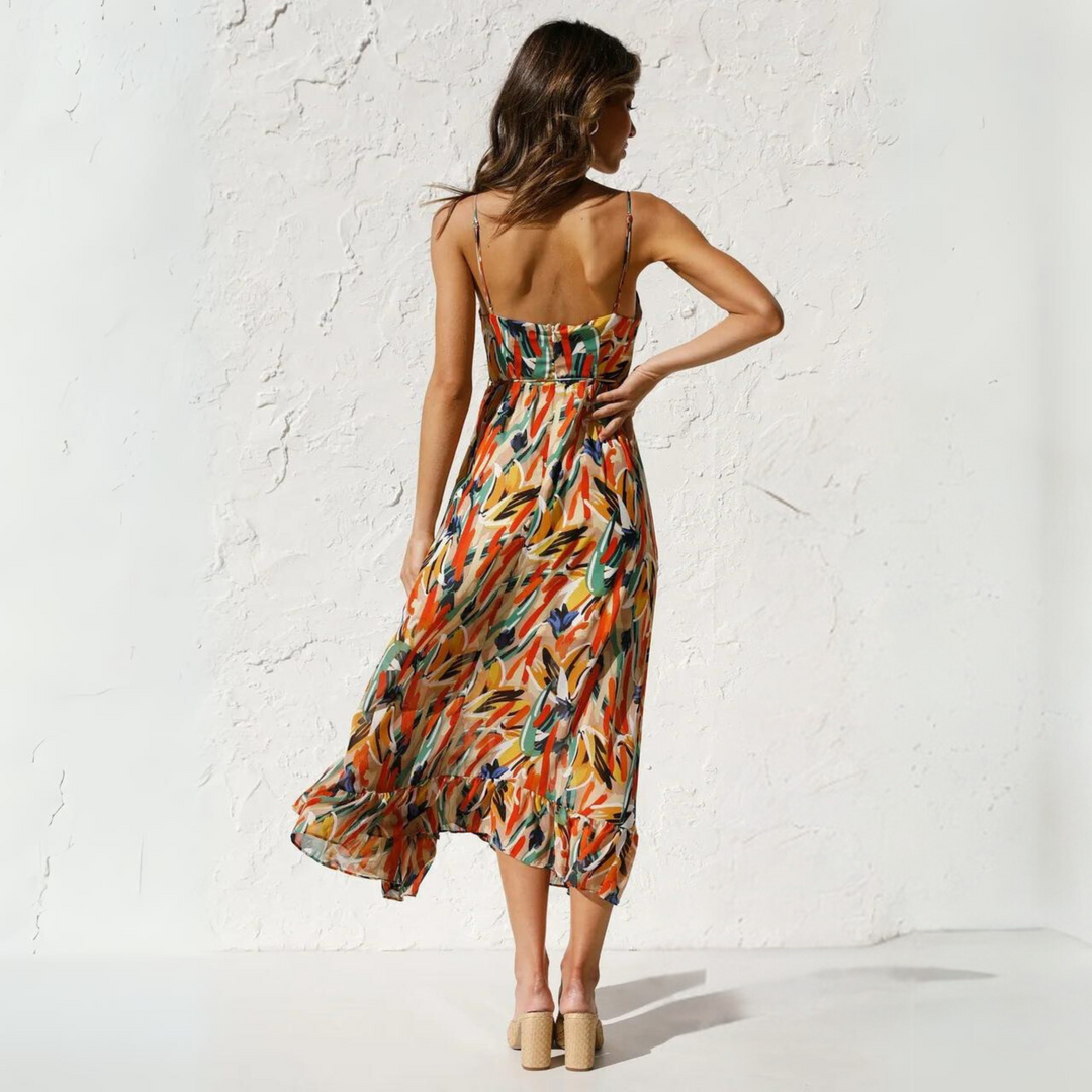 Women's Floral Linen Midi Dress Strappy Backless A-Line Sundress