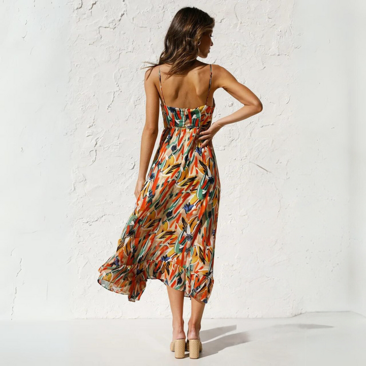 Women's Floral Linen Midi Dress Strappy Backless A-Line Sundress