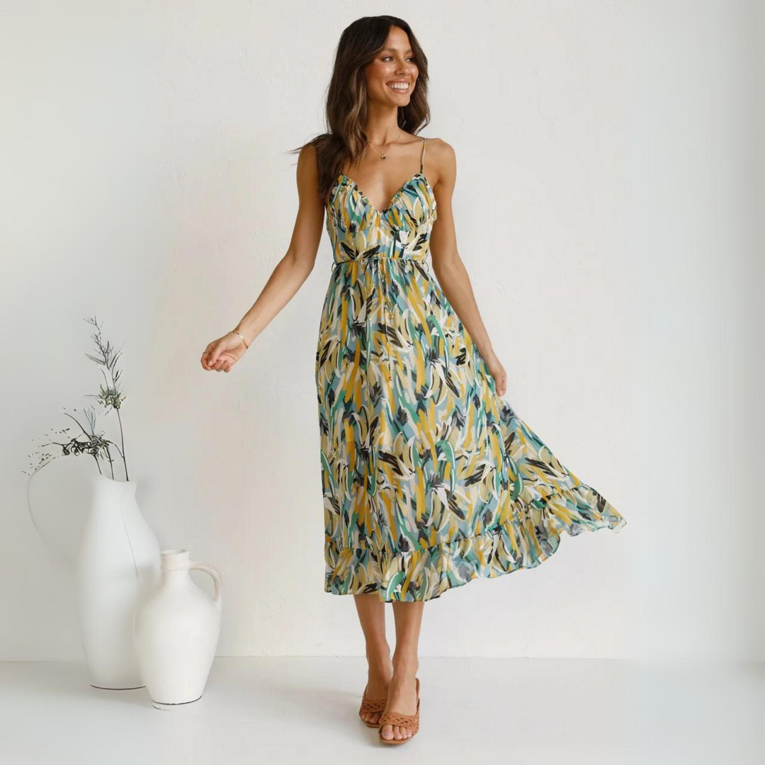 Women's Floral Linen Midi Dress Strappy Backless A-Line Sundress