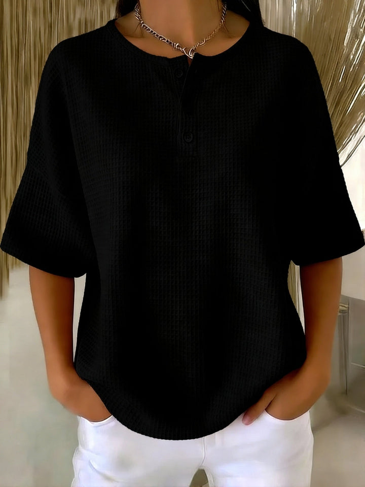 Women's Knit Henley V Neck Short Sleeve Loose Fit T-Shirt Tunic Top