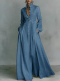 Women's Denim Long Sleeve Casual A-Line Maxi Shirt Dress