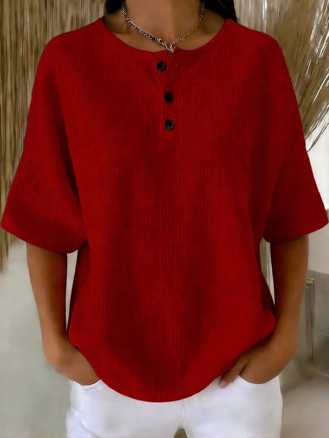 Women's Knit Henley V Neck Short Sleeve Loose Fit T-Shirt Tunic Top
