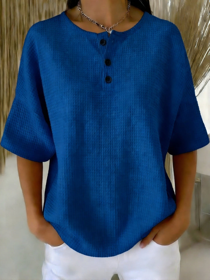 Women's Knit Henley V Neck Short Sleeve Loose Fit T-Shirt Tunic Top