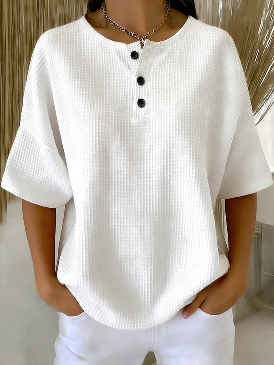 Women's Knit Henley V Neck Short Sleeve Loose Fit T-Shirt Tunic Top