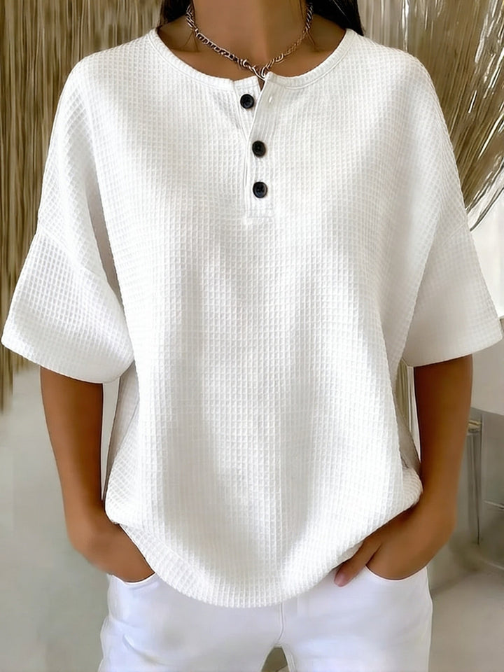 Women's Knit Henley V Neck Short Sleeve Loose Fit T-Shirt Tunic Top