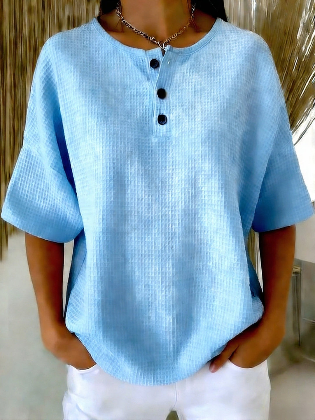 Women's Knit Henley V Neck Short Sleeve Loose Fit T-Shirt Tunic Top