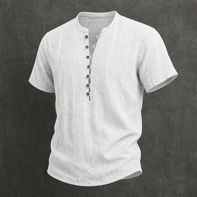 Men's Henley Shirt Linen Casual Short Sleeve Breathable Tops