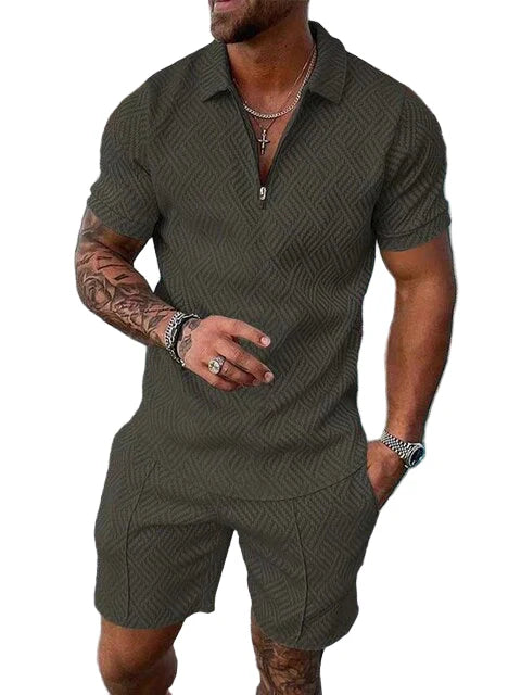 Men's Knit Quarter-Zip Polo Shirt and Shorts Two-Piece Set