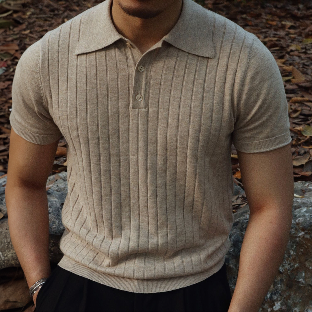 Men's Knit Ribbed Short Sleeve Polo Shirt