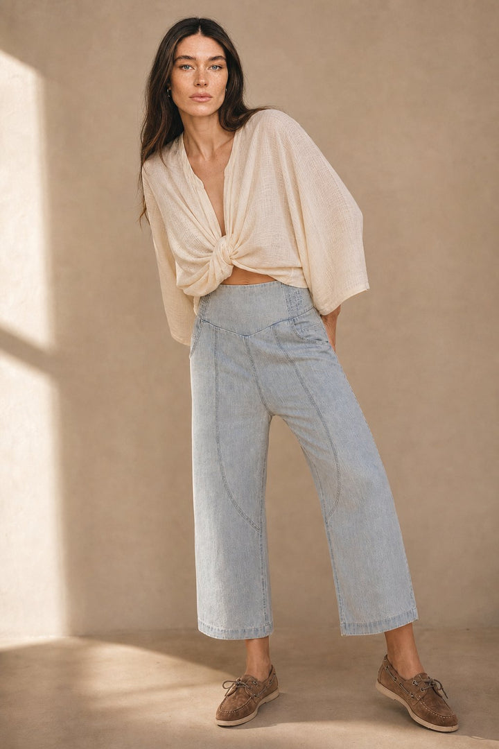 Women's Denim Wide Leg Trousers Cropped Pants