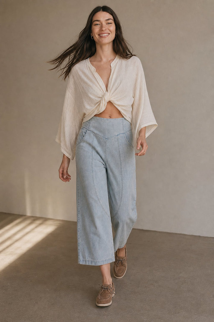 Women's Denim Wide Leg Trousers Cropped Pants
