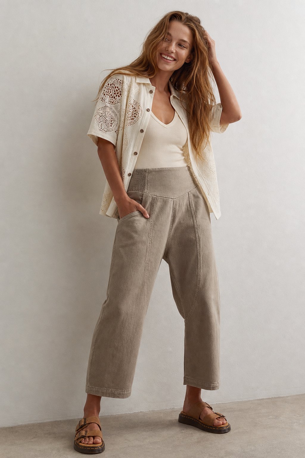 Women's Denim Wide Leg Trousers Cropped Pants