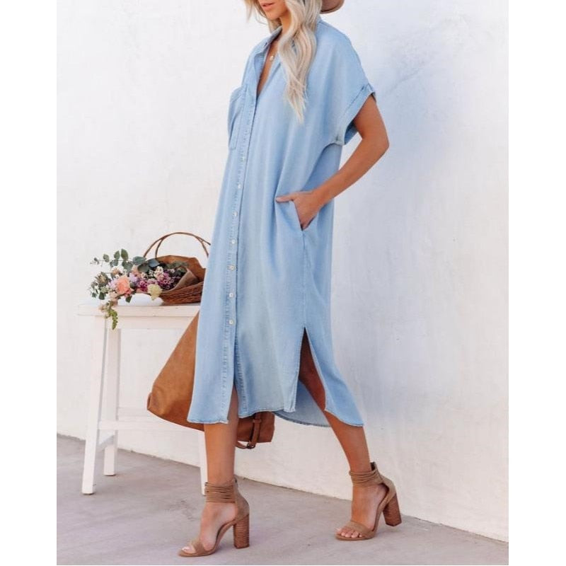 Women’s Chambray Denim Midi Shirt Dress