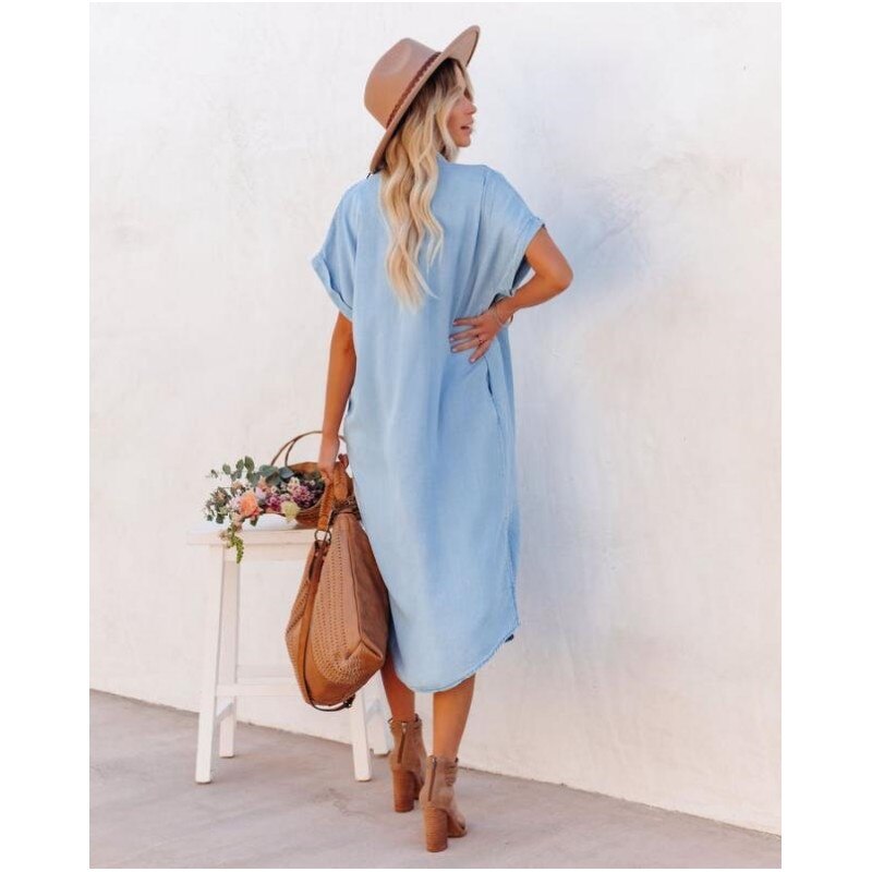 Women’s Chambray Denim Midi Shirt Dress