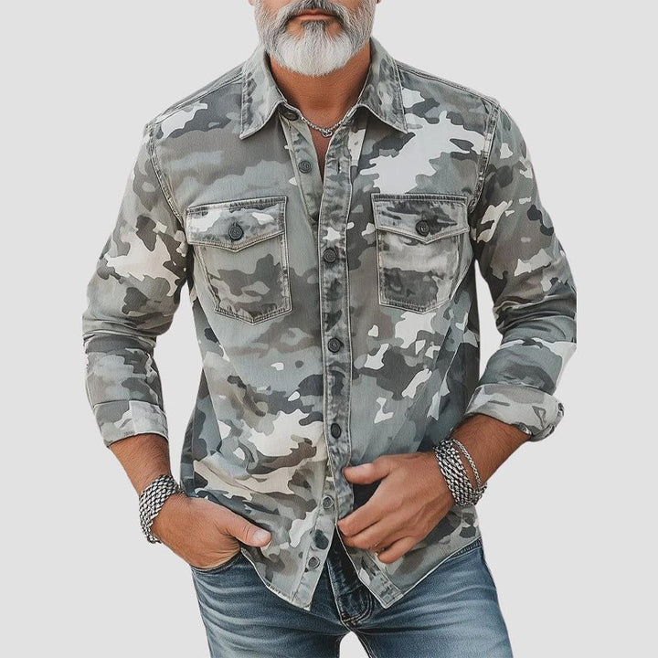 Men's Distressed Denim Camouflage Casual Button Down Shirt