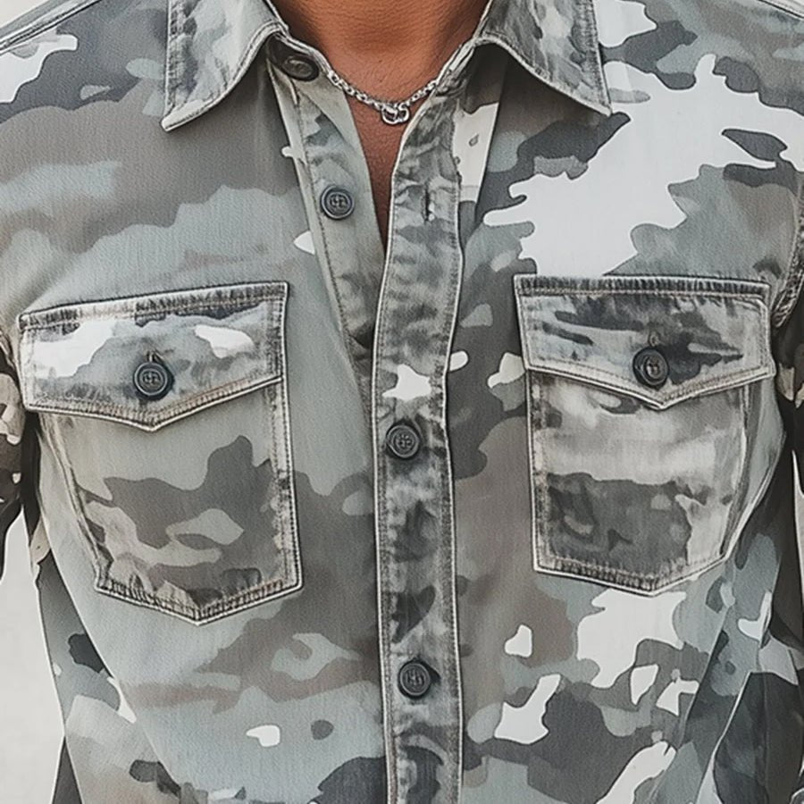 Men's Distressed Denim Camouflage Casual Button Down Shirt