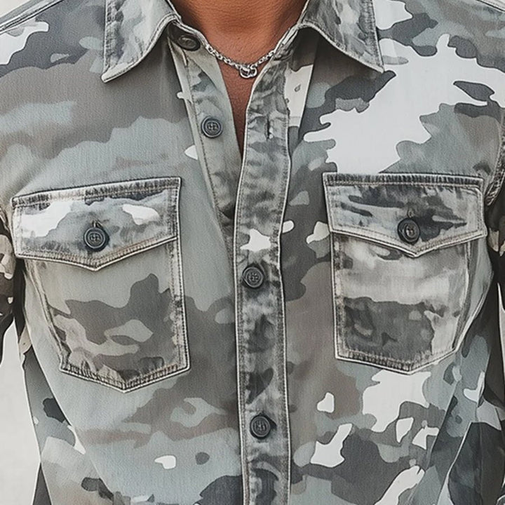 Men's Distressed Denim Camouflage Casual Button Down Shirt