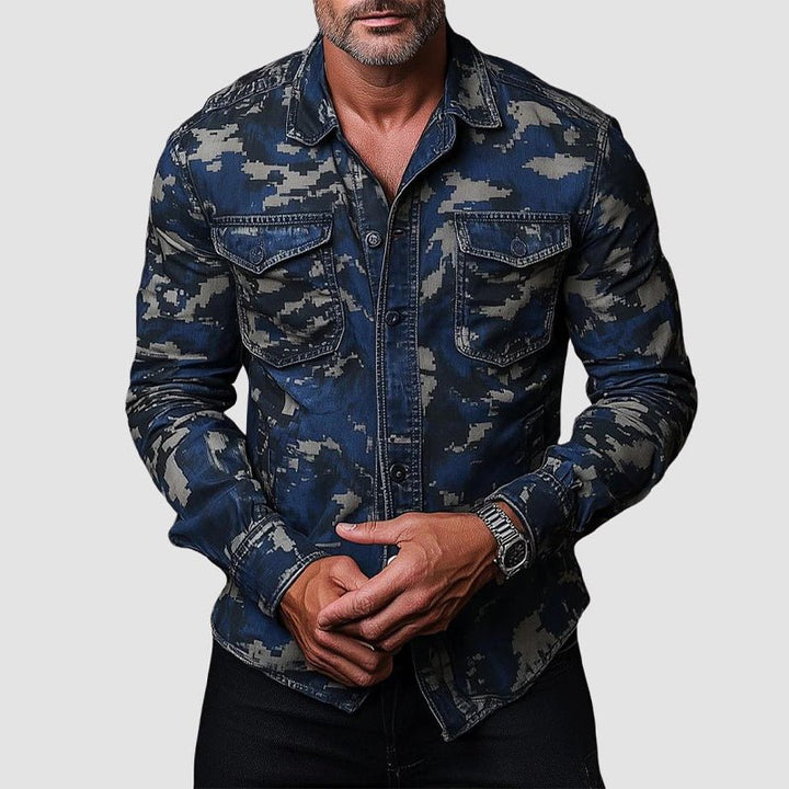 Men's Distressed Denim Camouflage Casual Button Down Shirt