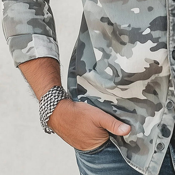 Men's Distressed Denim Camouflage Casual Button Down Shirt